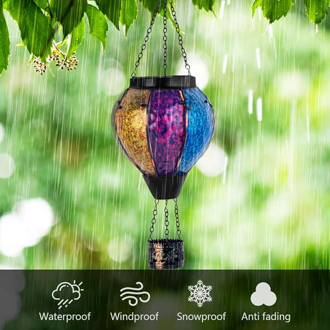 Solar Hot Air Balloon Outdoor Lantern with Flickering Flame, Handmade Glass Hanging Outdoor Lantern Waterproof Decorative Lantern Lamp for Patio, Garden, Porch (Colorful)