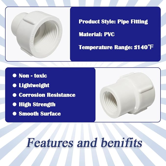 10PCS 1/2 to 3/4 Inch Female to Female Threaded PVC Reducing Pipe Fittings 1/2" to 3/4" Double Female Thread Coupling Pipe Adapter Connectors for Pipe Connecting HE046-1/2x3/4