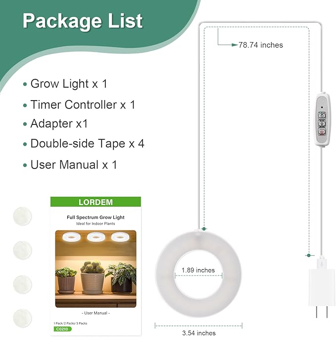 LORDEM Grow Light for Indoor Plants, 48 LEDs Ceiling Full Spectrum Plant Light, 5V Corded Growing Lamp with 4/8/12H Auto Switch, 4 Dimmable Brightness Levels, Ideal for Small Plants
