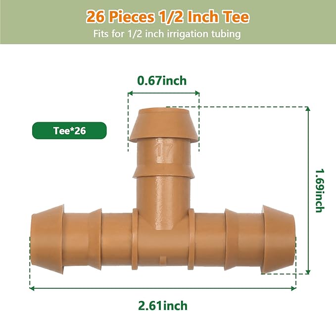 26 Pieces Drip Irrigation Fittings Tee Connectors for 1/2" Tubing, Barbed T 3 Way Connectors for 1/2 Inch Irrigation Tubing Drip Line Tees for Drip Sprinkler Garden Lawn Systems