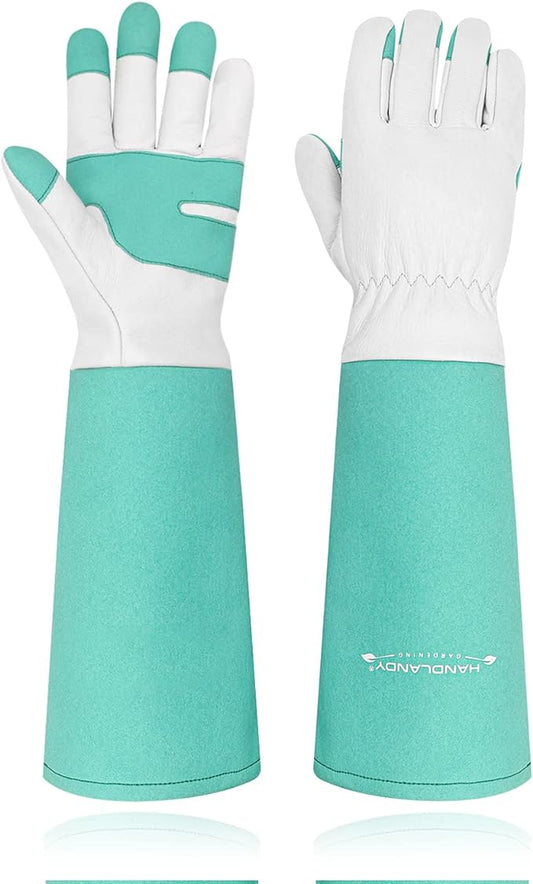 HANDLANDY Long Gardening Gloves for Men & Women, Thorn Proof Rose Pruning Gloves Leather Gauntlets Garden Gloves Yard Work Gloves (Large, Green)
