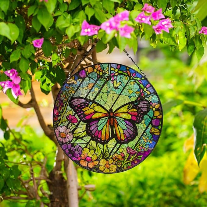 Butterfly Stained Glass Suncatcher Artistic Window Hanging,7.8” Hand-Painted Glass Panel Wall Home Decor,Gift for Women Garden Decor Suncatcher, BL009