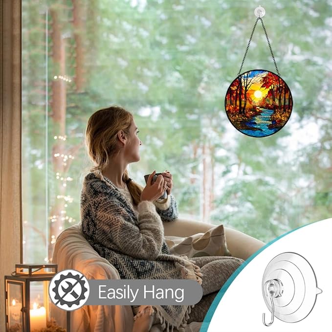 Sunrise Tree and River Landscape Stained Glass Suncatcher for Window Hanging - Sunrise Painting Sun Catcher Window Ornaments with Metal Chain and Hook - Decor Gift for Mom Wife Husband Nature Lovers