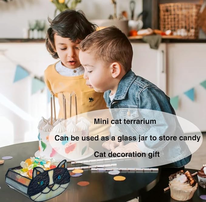 Cactus Black Cat Planter, Cute Small Stained Glass Cat Planter，Cat Terrarium Planter for Tabletop Houseplants，Gifts for Cat Lovers 4.33x3.54x2.95 in (Flower Pot Does not Include Plants)