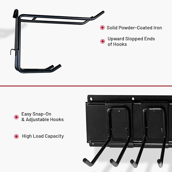 Ohana Love Garage Tool Organizer Wall Mount With Gardening Gloves - Adjustable Garden Tool Organizer for Garage with 9 Heavy Duty Snap On Hooks, 3 Rails, 2 Cable Storage Hooks Broom holder wall mount