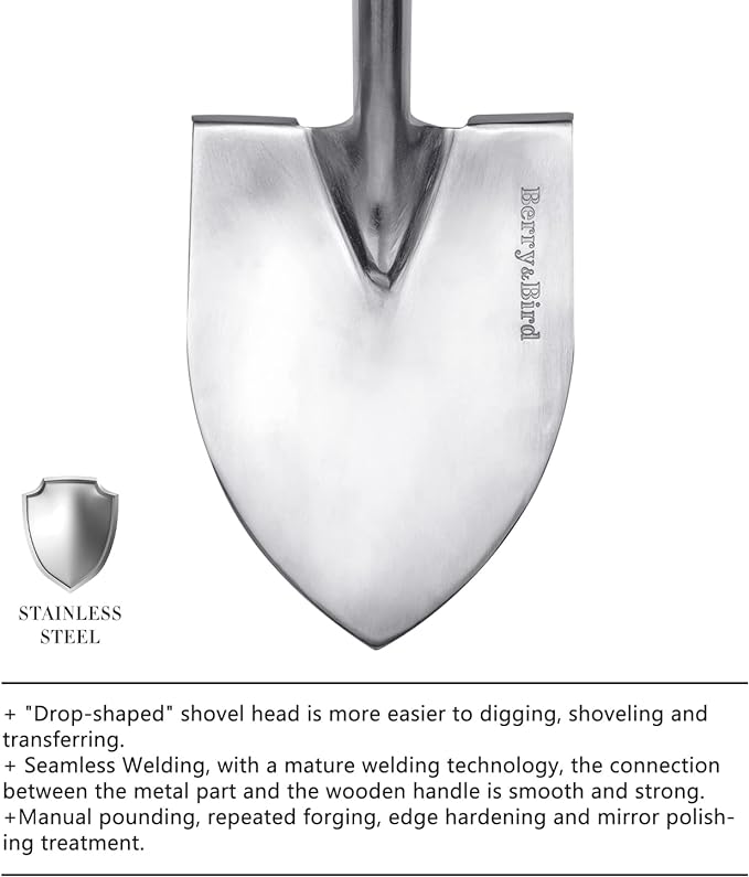 Berry&Bird Shovel for Digging, Round Point Digging Garden Shovel with Wood D-Handle, 40.98" Stainless Steel Gardening Didding Spade, Heavy Duty Spade Shovel Beach Shovel Snow Shovel for Women & Men