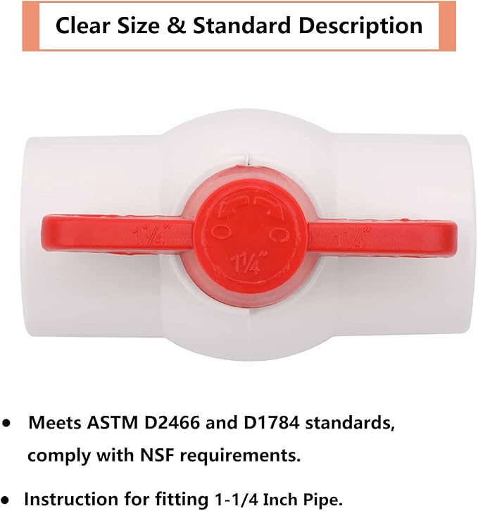 2Pcs 1-1/4" PVC Ball Valve Water Pipe Shut-off Valve Socket with Red T-Handle for Cold Water Supply lines, Irrigation Pipe fitting System(Socket x Socket), Schedule 40