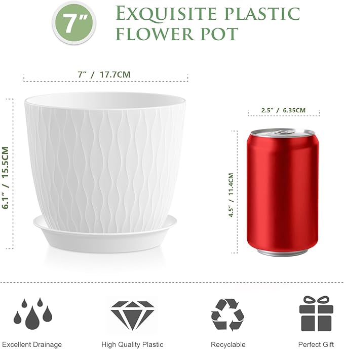 7 inch Plant Pots, 5 Pack Flower Pots with Drainage Holes and Saucers for Indoor Plants, Plastic Planters with Water Ripple for Small Garden House Plants, Nursery Pots for Succulent, White