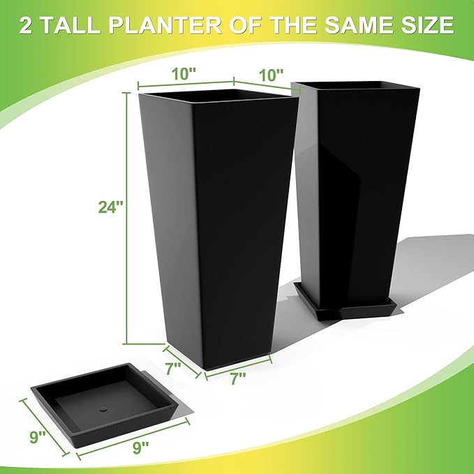 Set of 2 Large Tall Planter for Indoor or Outdoor 24" Tall Flower Pots Tapered Tall Planters with Tray for Porch, Patio, Backyard, Large Planters for Outdoor Indoor Plants(Black)