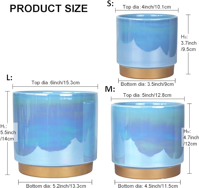 Gepege Ceramic Pots for Plants, Rainbow Pearl Glaze Planter with Drainage Hole, 6.0 inch+5.0 Inch+4.0 Inch. Indoor-Outdoor Large Round Succulent Orchid Flower Pot