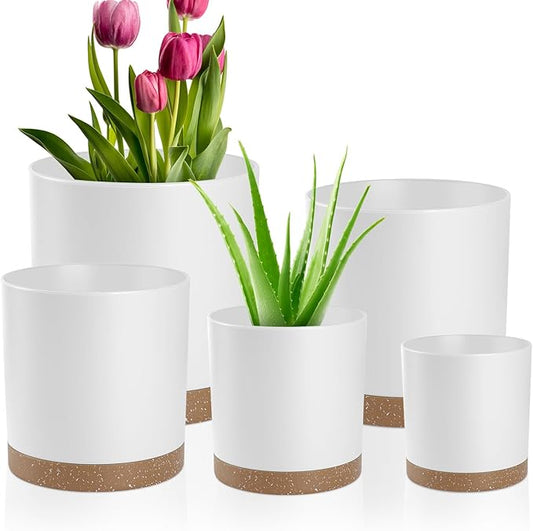Plant Pots – 7/6.5/6/5/4 Inch Plastic Planters with Drainage Holes and Saucers, Flower Pots for Indoor and Outdoor Plants (White)