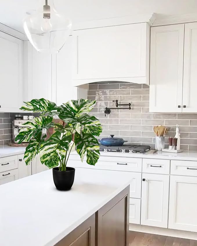 Hollyone Artificial Monstera Plant 17" Faux Monstera Deliciosa Plant in Black Pot Fake Swiss Cheese Tropical Plant Potted for Indoor Outdoor Floor Home Office Living Room Decor, 2 Pack