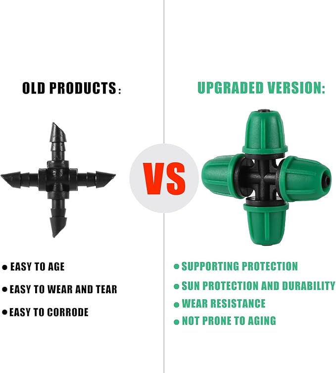 1/4 inch Drip Irrigation Fittings, Lock Barbed 4 Way Couplings for ¼ in. tubing; Tubing Outside Diameter (OD) is 0.250 in., Internal Diameter (ID) is 0.170. in.(20Pcs/Pack)(Green-4-Way)