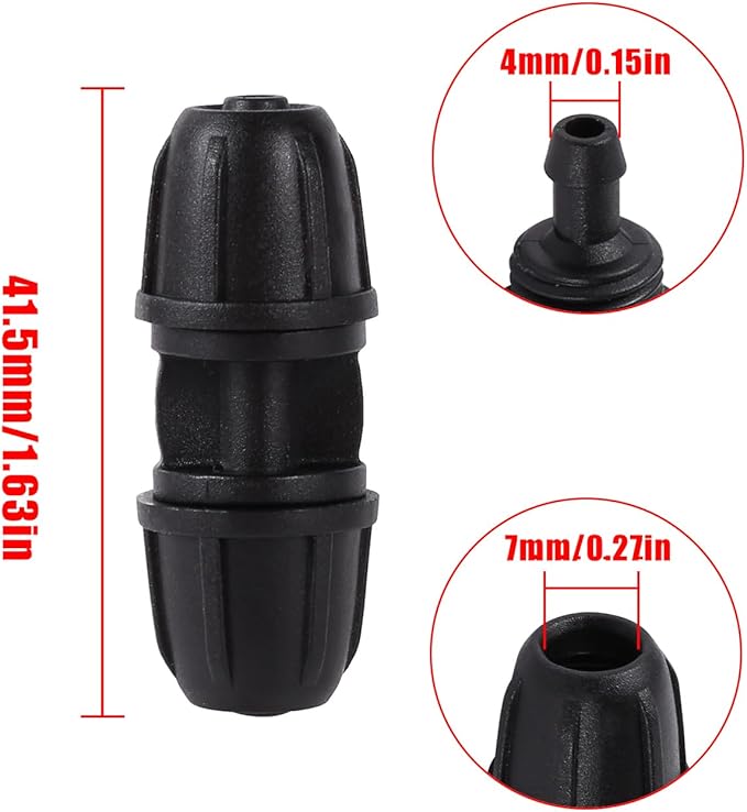1/4 inch Drip Irrigation Fittings, Lock Barbed Coupling for ¼ in. tubing; Tubing Outside Diameter (OD) is 0.250 in., Internal Diameter (ID) is 0.170. in.(25Pcs/Pack) (Black-Coupling)