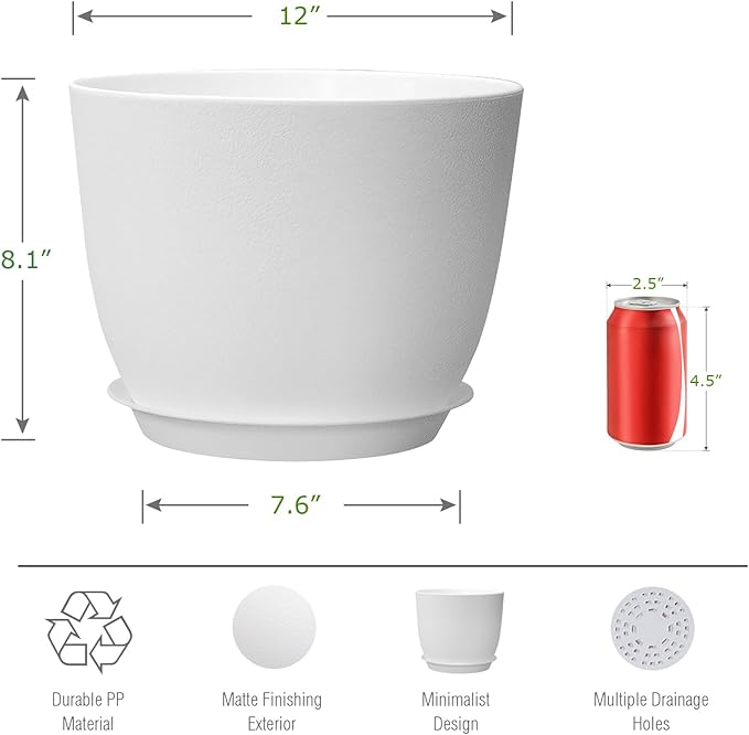 12inch Large Plant Pot, Modern Plastic Planter with High Driange Holes and Saucer for Indoor Outdoor Garden Plants and Flowers, White
