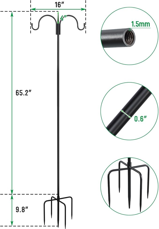 FEED GARDEN Adjustable Double Shepherds Hook for Outdoor with 5 Prong Base 76 Inch Heavy Duty Two Sided Bird Feeder Pole for Hanging Plant Baskets, Solar Light Lanterns, Wind Chimes 2 Pack