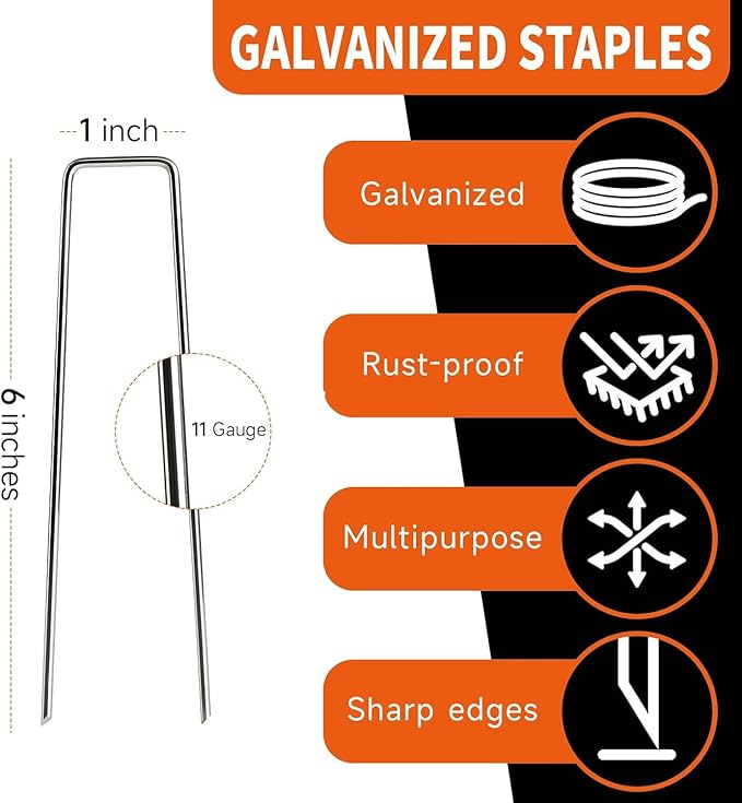 6 Inch Galvanized Landscape Staples - 100 Metal Garden Stakes for Gardening - 11 Gauge Anti-Rust Heavy-Duty Ground Sod Pins Yard Stakes for Weed Barrier Fabric Irrigation Tubing Hose
