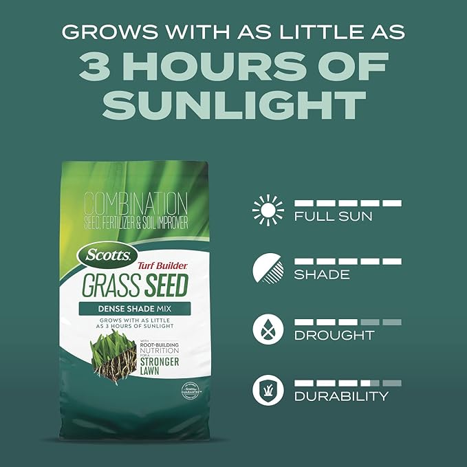 Scotts Turf Builder Grass Seed Dense Shade Mix with Fertilizer and Soil Improver, Grows With Little Sunlight, 5.6 lbs.