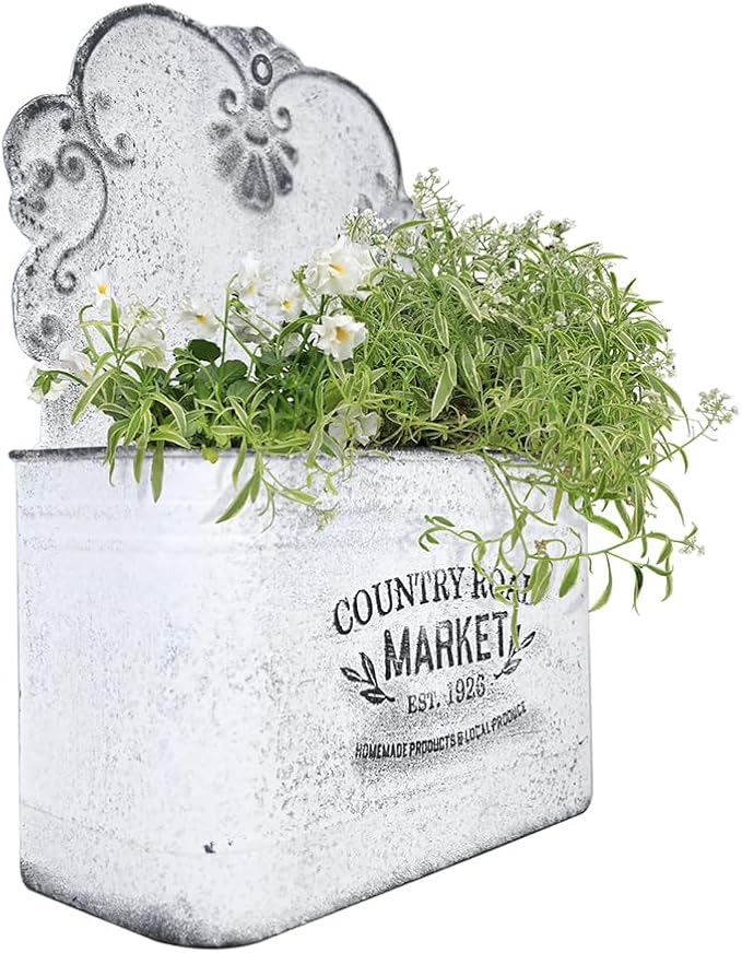 All Chic Metal Wall Planter Wall Mount Planter Wall Vases for Flowers Shabby Chic Wall Decor for Rustic Farmhouse Wall Outdoor Decor (White)…