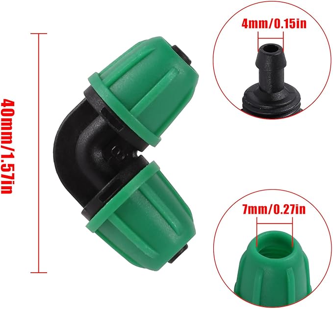1/4 inch Drip Irrigation Fittings, Lock Barbed Elbow for ¼ in. tubing; Tubing Outside Diameter (OD) is 0.250 in., Internal Diameter (ID) is 0.170. in.(20Pcs/Pack) (Green-Elbow)