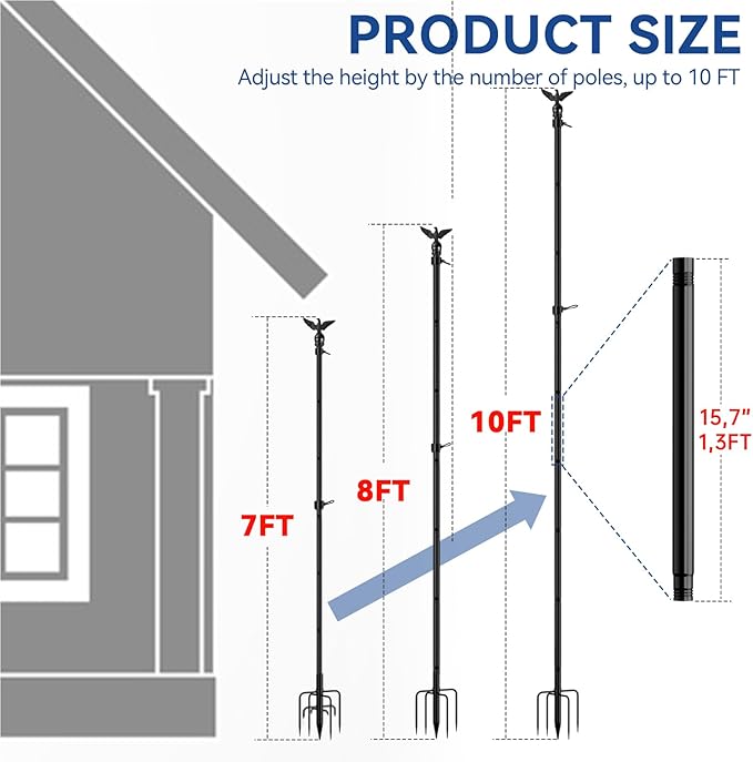 ZMTECH 10 FT Flag Pole Kit in Ground with 5 Pronges Base, Heavy Duty Flag Pole Holder with Metal Eagle Topper for Outside House & Yard Outdoor Garden Decor Residential Commerical(1 Pack,Without Flag)
