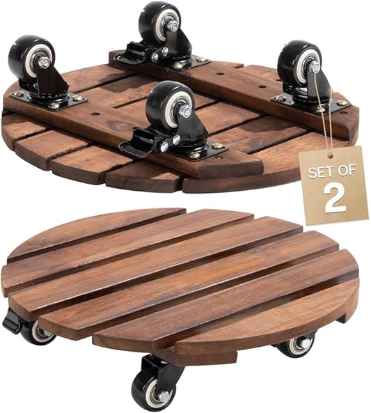 Idzo 2-Pack 14 Inch Acacia Wood Plant Caddy with Wheels – Heavy-Duty Plant Dolly with 264 Lbs Capacity, 360° Lockable Wheels for Large Plant Pots, Heavy Objects, Ideal for Indoor and Outdoor Use