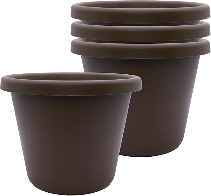 The HC Companies 7 inch Round Classic Planter - Plastic Plant Pot for Indoor Outdoor Plants Flowers Herbs, Chocolate (4 Pack)