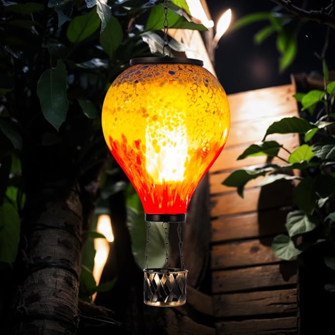 Starsoul Hot Air Balloon Solar Lantern with Flame Glass Hot Air Balloon Solar Light Waterproof Hanging Outdoor Lantern for Garden Yard Patio Decor
