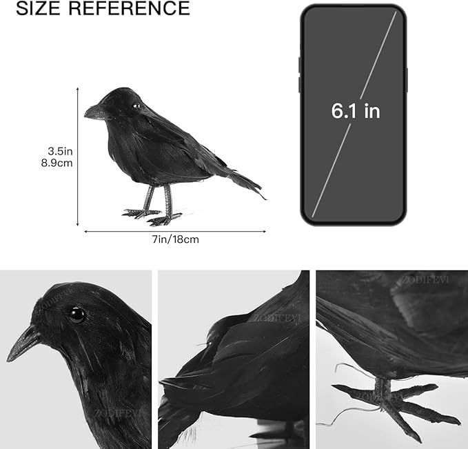 ZODIFEVI 6 Pack Realistic Crows, Real Touch Black Feathered Crows, Halloween Decorations,Artificial Handmade Feathered Raven, Halloween Party Decor Prop Outdoors and Indoors Decoration