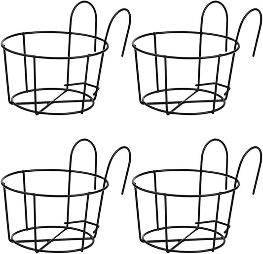 4 Pack Small Round Metal Hanging Railing Planters,Hanging Railing Planter Flower Pot Holder Basket Iron Art Rack Fence Shelf Container for Balcony,Garden,Indoor and Outdoor (Black)