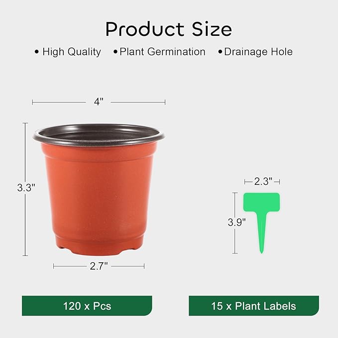 GROWNEER Nursery Pots 120 Pcs 4 Inch Plastic Plant Pot with 15 Pcs Plant Labels, Small Seed Starter Set Flower Planter Seedling Pots Grow Container for Indoor Outdoor Garden Transplant