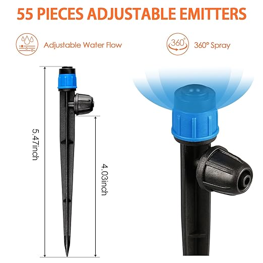 55 Pieces Drip Emitters Fan Shape with Stake for 1/4" Irrigation Tubing: Adjustable 360 Degree Water Flow Irrigation Universal Vortex Sprayer On 5" Stake Drip Pipe Sprinklers Fittings