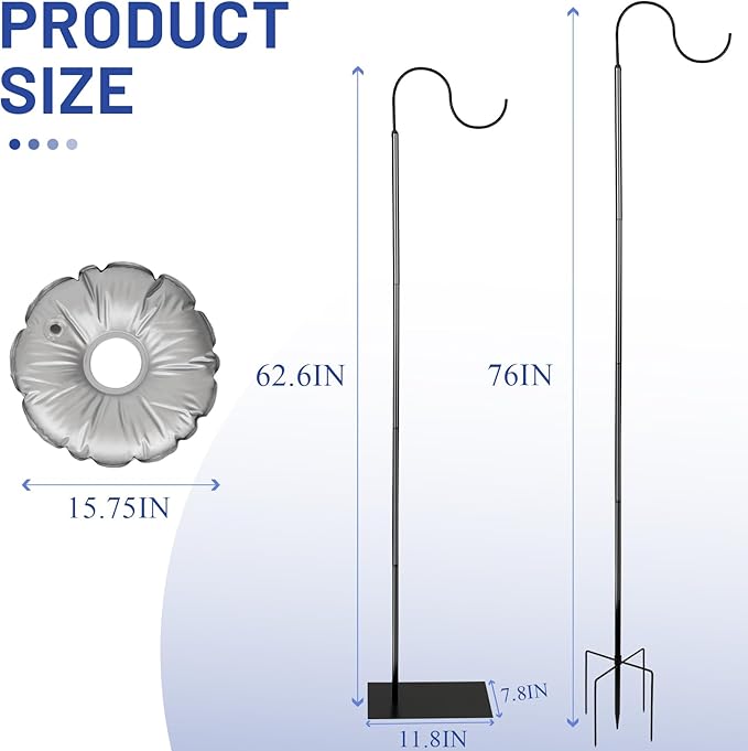 Liitrton 62.6 Inch Shepherds Hooks for Outdoor, Adjustbale Hummingbird Feeder Stand Bird Feeder Pole Wind Chime Stand with Flat Base, 4 Prongs Base and Water Weight Bag