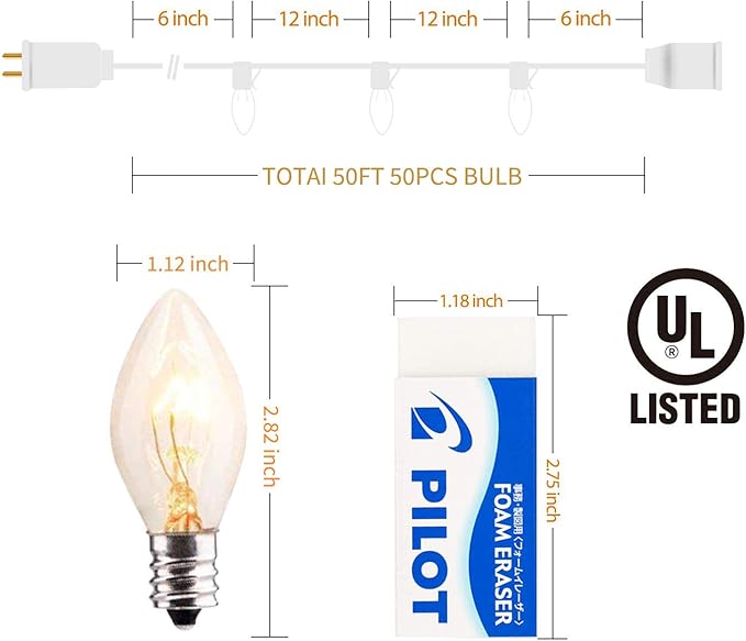 C9 Christmas String Lights Outdoor 50ft Vintage Christmas Tree Lights for Indoor Outdoor Roofline Patio Room Holiday Party Backyard Xmas Decoration, White Wire, 50+2 Bulbs