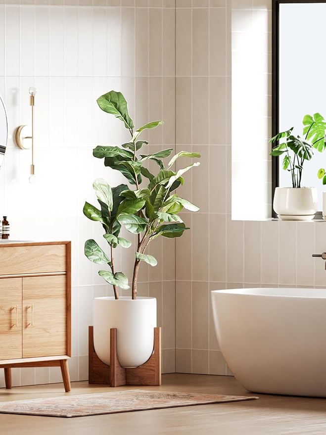 LE TAUCI 12 Inch Pots for Plants with Acacia Wood Stand, Ceramic Large Planters for Indoor Plants, Indoor Plant Pots for Office Living Room, Cylinder Pots for Plants with Drainage Hole and Plug, White