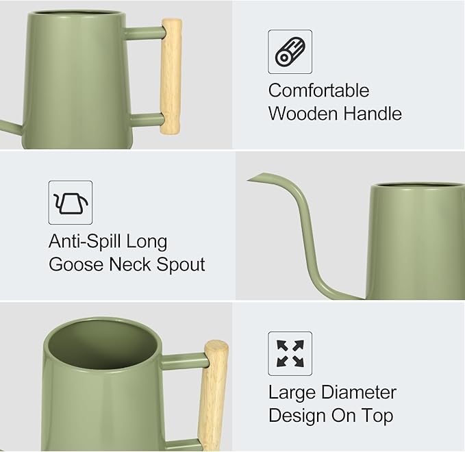 Watering Can Indoor Plants, 35 oz/1000 ml Metal Stainless Steel Watering Can Pot with Long Spout for Indoor House Plants Bonsai Outdoor Garden Flower Decorative (Sage Green)