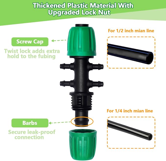 12 Pack 1/2 Inch To 1/4 Inch Drip Irrigation Fittings (1/2" ID x 0.65" OD), Drip Line Irrigation Locked Barbed 1/2" To 1/4" Adapter Anti Leak Irrigation System 1/2 Inch To 1/4 Inch Tee