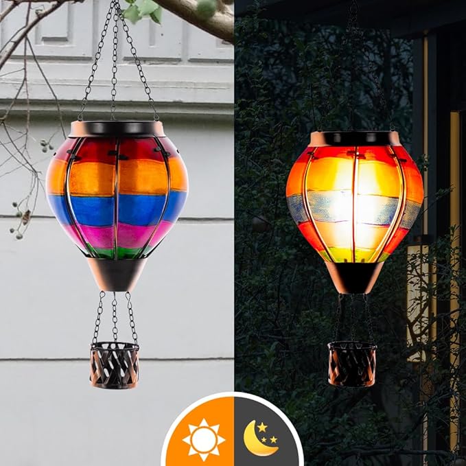 Unique Hot Air Balloon Solar Lantern with Flickering Flame, Handmade Glass Hanging Outdoor Lantern Waterproof Lantern Lamp for Patio, Garden, Porch