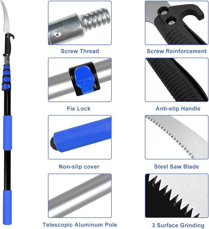 Buyplus 26FT Reach Pole Saws for Tree Trimming, Pole Saw with 5-20FT Telescoping Extension Pole, Pruning Saw with 19" 3X Detachable Saw, Non-Slip Handle, Tree Trimmer for Garden Palms Shrubs(Blue)