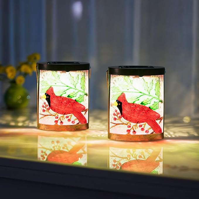 2 Pack Cardinal Solar Lanterns Outdoor Waterproof, Hanging Tabletop Solar Lantern for Garden Yard Patio