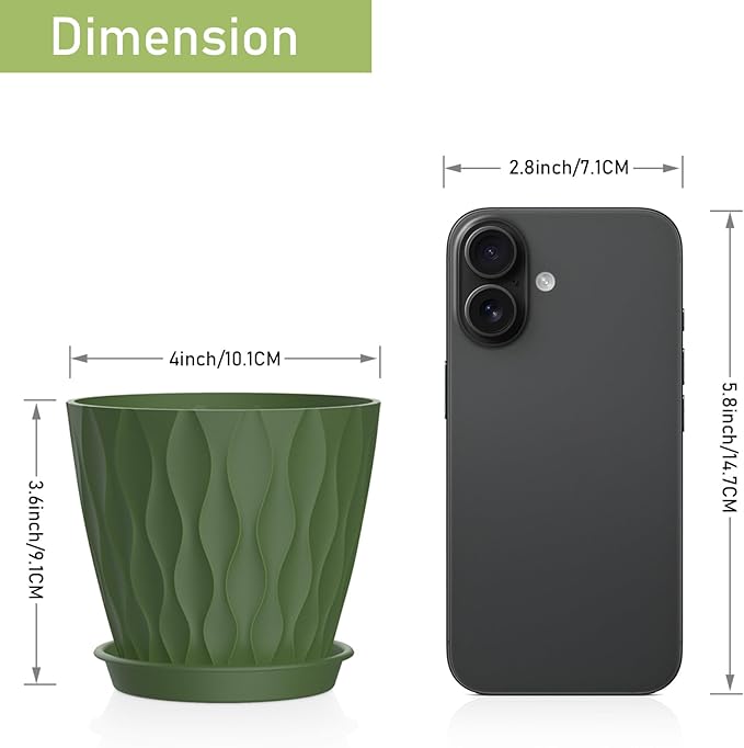 6 Pack 4 Inch Small Plant Pots with Saucers, 3D Textured Plastic Planters with Drainage Holes for Indoor and Outdoor Plants, Flowers, Herbs, Succulents, and Seedlings, Colorful