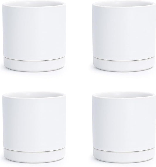 D'vine Dev Set of 4 Small Ceramic Plant Pots, 3.5 Inch Succulent Planter Pot for Plants with Drainage Hole and Saucer, White, 94-X-A-1