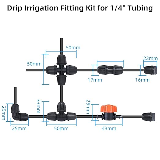 Drip Irrigation Fittings for 1/4 inch Tubing (0.16" ID x 0.28" OD), 20 Pcs Anti-Drop Locked Barbed Reducing 4-Way Coupling for Drip Line Connectors
