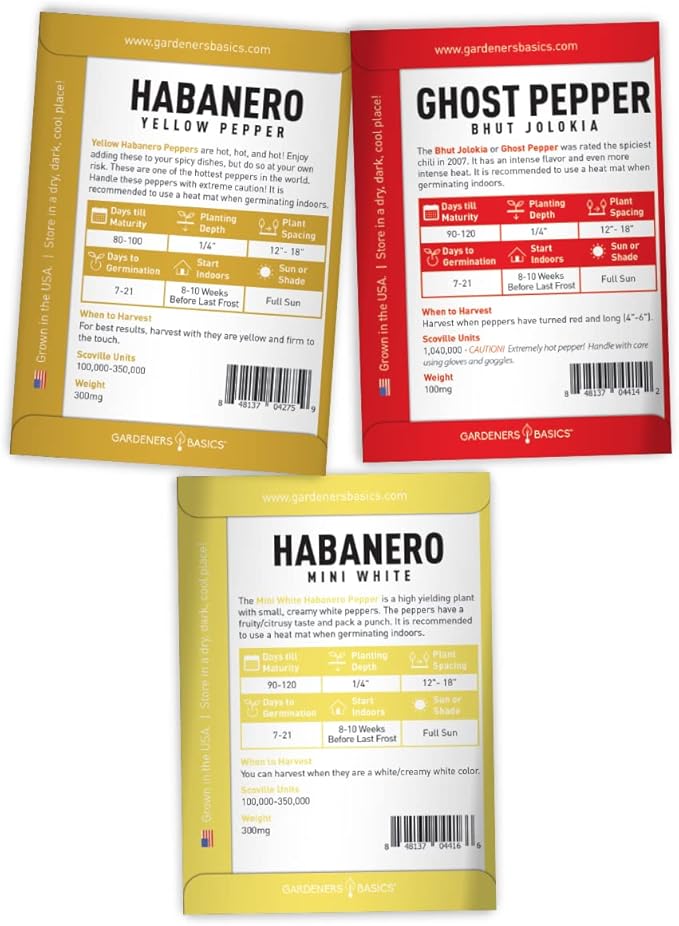 Gardeners Basics, Hot Pepper Seeds for Planting Ghost Habanero - 5 Varieties Pack Ghost Pepper Seeds, Red, Orange, Yellow, White Habanero Seeds for Planting in Garden Non GMO, Heirloom Peppers Seeds