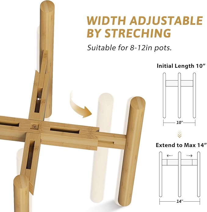 Adjustable Plant Stand Indoor, Bamboo Plant Holder 8 to 12 Inches, Small Tall Planter Stand for Indoor Plants, Single Floor Plant Stand for Living Room Balcony Bedroom, Natural