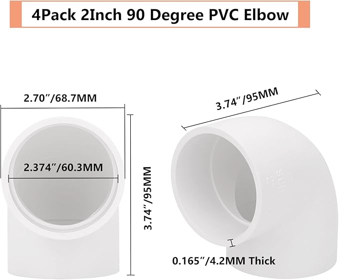 4Pack 2" 90 Degree Elbow PVC Pipe Fittings 2 Way Right Angle PVC Pipe Fitting, Furniture Build Grade SCH40 (Socket x Socket) 2" PVC Fitting Connectors for DIY PVC Shelf Garden Support Structure