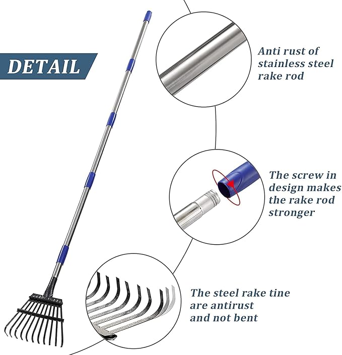 Garden Rake -Small Leaves Rakes for Gardening - 11 Metal Tines 8.5" Wide - 78" Long Handle Leaf Rakes for Lawns Heavy Duty for Yard Lawn Shrub Garden Beds