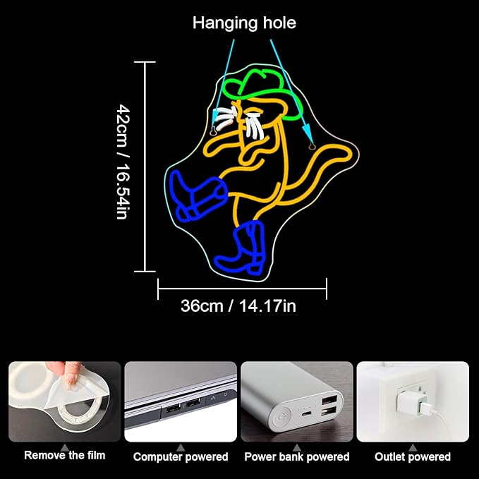 WLHOPE Cowboy Cat Neon Sign Neon Signs for Wall Decor Dimmable Cat Neon Lights Cowboy Hat Boot LED Sign for Bedroom Home Bar Club Party Western Decor