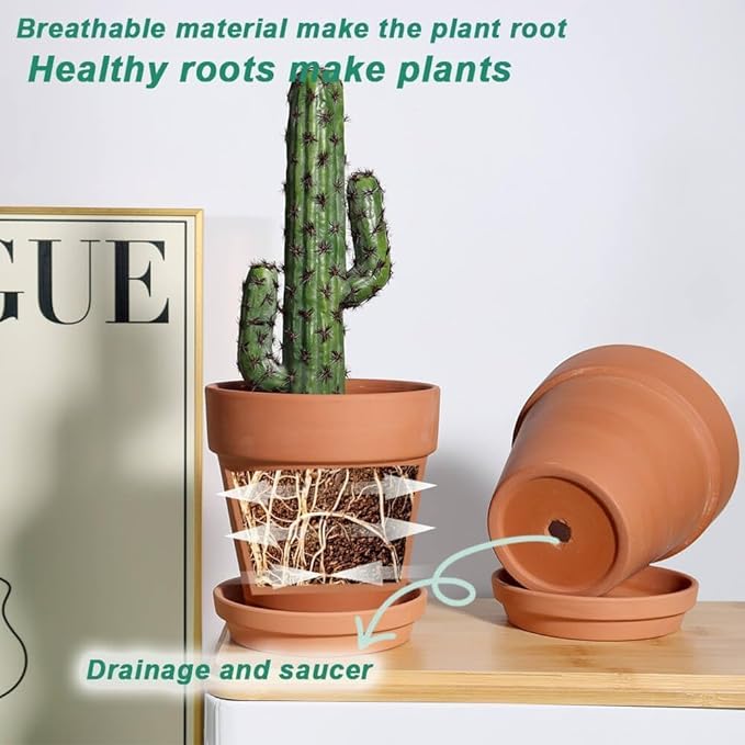 vensovo 6 Inch Terracotta & Clay Pots for Plant with Saucer - 4 Pack Medium Terra Cotta Planter with Drainage Hole, Flowerpot for Indoor Outdoor Plants, Crafts, Wedding Favor