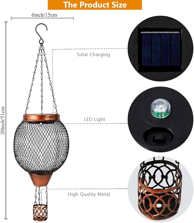 Starsoul 2 PC Cage Hot Air Balloon Solar Lantern with Flame Glass Outdoor Hanging Hot Air Balloon Solar Light Lamp Waterproof Garden Patio Yard Party Decorations